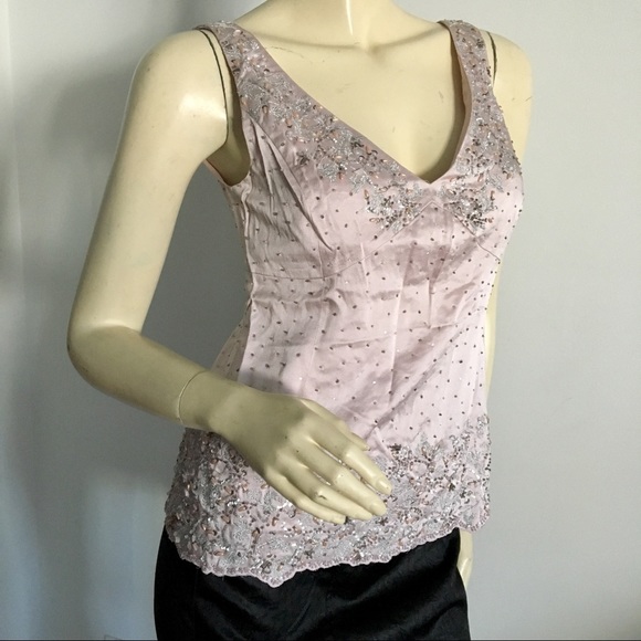 Linda Allard Ellen Tracy silk beaded v-neck tank top. petite size 4 - Picture 2 of 8